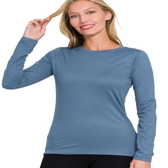 ZENANA BUTTERY SOFT MICROFIBER ROUND NECK LONG SLEEVE TOP DUSTY BLUE S-XL - Picture 1 of 2